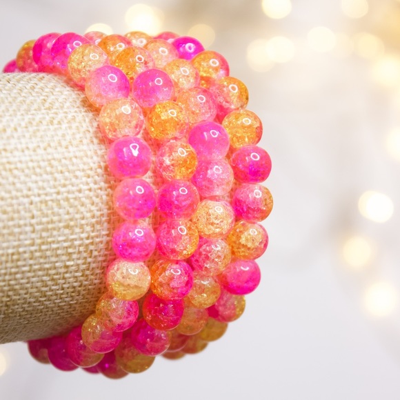 Boho Pink/Orange Crackle Beaded Stretch Bracelet - Picture 5 of 6